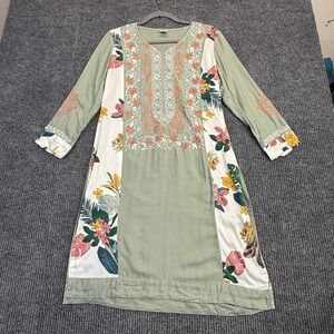 Haya Womens Embroidered Floral Tunic Top Sage Green Long Sleeve Kurta Pakistan